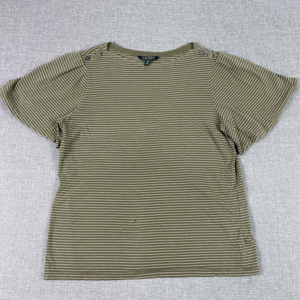 Lauren Ralph Lauren Shirt‎ Womens L Green Striped Crew Neck Short Flutter Sleeve